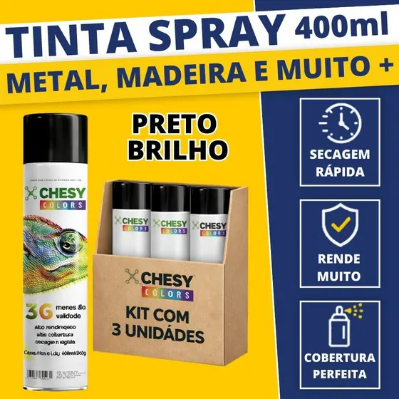 Kit 3 Tinta Spray Uso Geral Tinta Spray Preto Brilhante 400ml Madeira Metal Plástico Seca Rápido