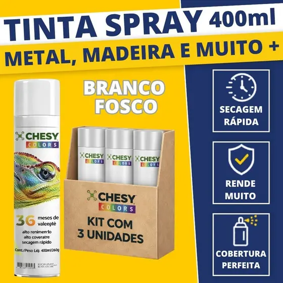 Kit 3 Tinta Spray Uso Geral Tinta Spray Branco Fosco 400ml Madeira Metal Plástico Seca Rápido