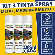 Kit 3 Tinta Spray Uso Geral Tinta Spray Branco Brilhante 400ml Madeira Metal Plástico Seca Rápido