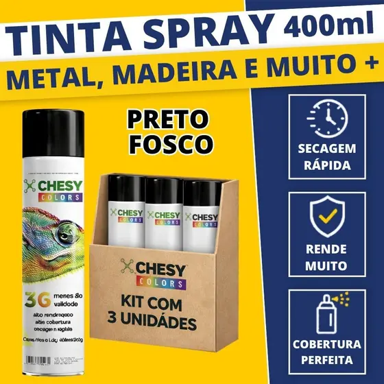 Kit 3 Tinta Spray Uso Geral Tinta Spray Preto Fosco 400ml Madeira Metal Plástico Seca Rápido