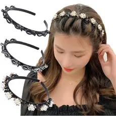 Tiara de Cabelo com Presilha Dupla Camada Pérolas Strass Trançado Feminina Antiderrapante Penteado Franja
