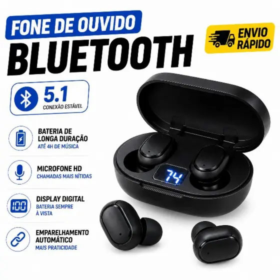 Fone de Ouvido Bluetooth 5.1 Sem Fio  Case Com Display Digital Android e IOS