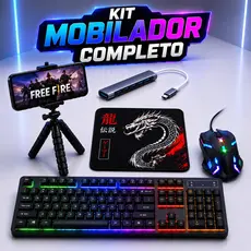 Kit Mobilador Completo Gamer Teclado Mouse RGB Hub Usb Tipo C Free Fire Android OTG Tripé Flexível