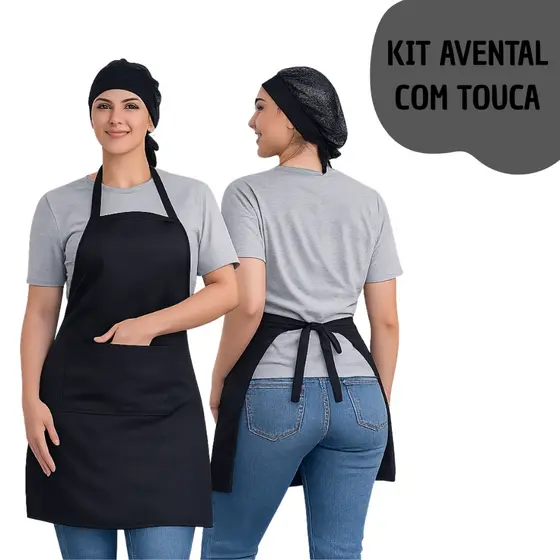 Kit Com Avental e Touca Redinha Lavável Uniforme Cozinha Casa Restaurante Padaria