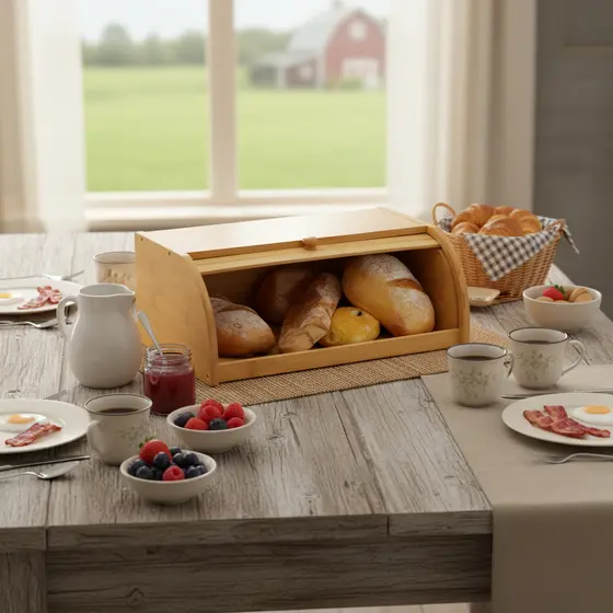 Porta Pão Pães Grande Em Bambu Ecológico Com Tampa Retrátil