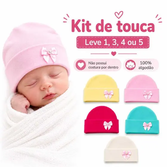Kit Toucas Bebê Recém Nascido 100% Algodão Macio, 1,3,4 ou 5 unidades,Touca Rn atacado.
