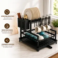 Escorredor De Louças 2 Andares Rack Com Dreno Porta Talheres Bandeja Coletora Preto