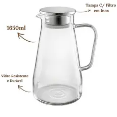 Jarra de Vidro Borossilicato 1650ml com Tampa Inox  Resistente e Filtro para Água Suco Chá