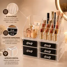 Organizador de Maquiagem Acrílico 5 Gavetas 16 Divisórias Porta Cosméticos Pincéis e Skincare