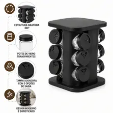 Porta Condimentos Giratório 12 Potes 85ml Organizador de Temperos Preto para Cozinha Moderno