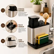 Organizador de Pia Porta Detergente Dispenser Inox Suporte para Esponja Escova Cozinha Compacto