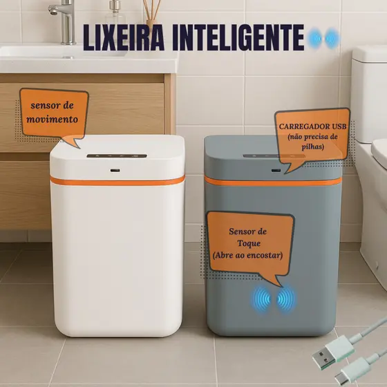 Lixeira Inteligente Automática com Sensor de Movimento e Toque USB Recarregável Anti Odor