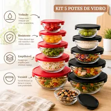 Kit 5 Potes de Vidro Hermético com Tampa Redondo Empilhável para Cozinha Marmitas Alimentos