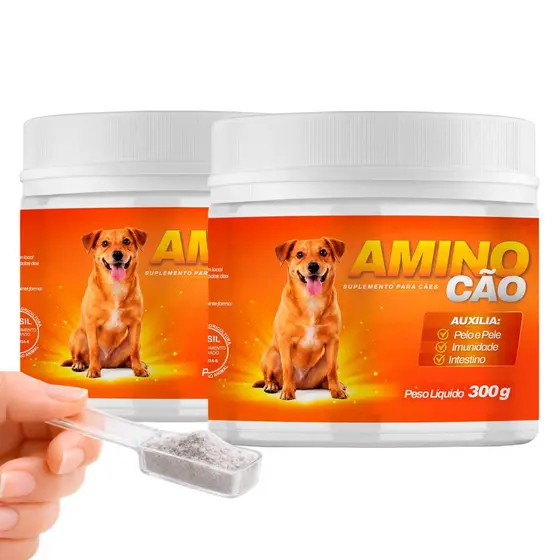 Kit 2 Potes Suplemento Aminocão 300g Suplemento para Cães com Vitaminas, Minerais, Aminoácidos e Probióticos