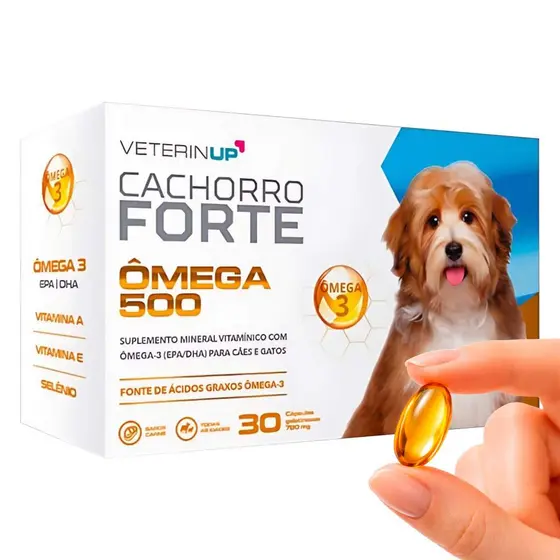 Cachorro Forte Ômega 500 Suplemento para Cães e Gatos com Ômega 3, EPA, DHA, Vitaminas e Selênio c/ 30 cápsulas