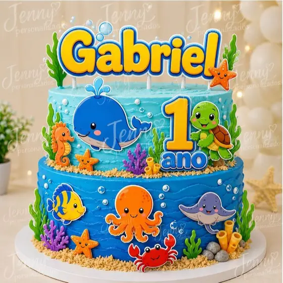 Topo Topper de Bolo Fundo do Mar Personalizado Menino