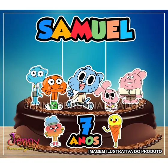 Topo do bolo Gumball modelo 2 Nome colorido - Personalizado