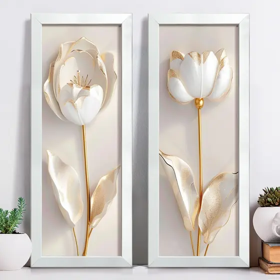 Kit 2 Quadros Decorativos Com Moldura Floral 3D Flores Banheiro Lavabo Toallete