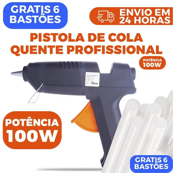 Pistola Cola Quente 100W Ultra Forte Profissional Bivolt + 6 BASTÕES 11mm - INMETRO