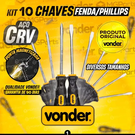 Jogo 10 Chaves Fenda e Phillips Vonder Aço Cromo Vanádio Profissional Imantadas Magnética Cabo Emborrachado