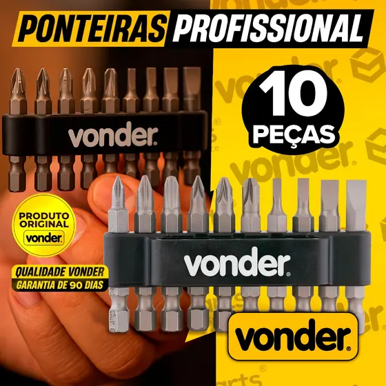 Jogo de Bits Ponteiras Vonder Profissional 10 Peça Aço Cromo Vanádio Encaixe Sextavado Parafusadeira