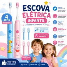 Escova Elétrica Infantil com 4 Refis Escova de Dentes Elétrica Crianças Timer 2 Minutos Cerdas Macias