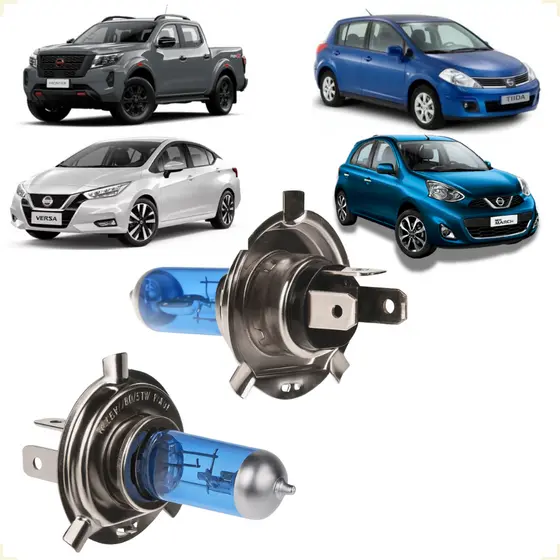 Kit de Lâmpada Halógena H4 P43T Super Branca Biodo Carro March Versa Tiida Frontier Farol Alto Baixo
