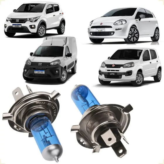 2 Lâmpadas Super Branca Halógena Conector H4 Par Carro Fiorino Mobi Punto Uno Farol Alto Baixo