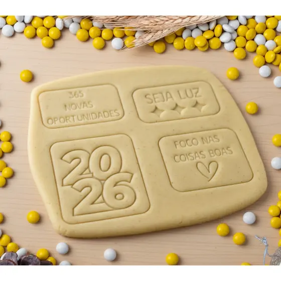 Ano Novo 2026 Kit 4 Cortadores Biscoito  Mensagens para Pasta Americana Confeitaria Réveillon Decoração de Bolo
