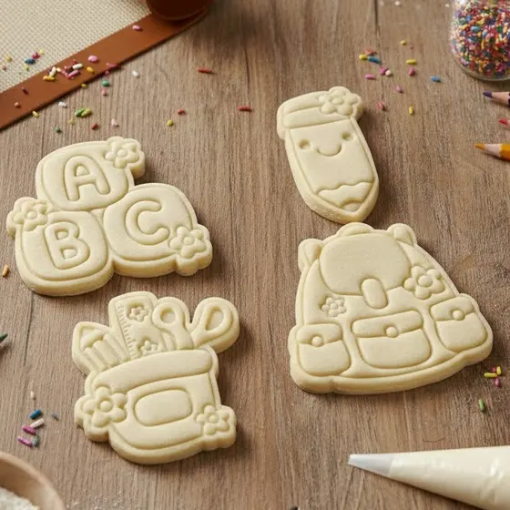 Volta às Aulas/Escolar Kit Cortadores de Biscoito (4 Peças): Mochila, Lápis, ABC e Material Escolar | Molde para Cookies