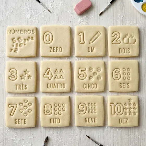 Números 0 a 10 Kit 12 Cortadores Carimbo Biscoito para Pasta Americana Confeitaria Escolar Massinha Cookies Professor