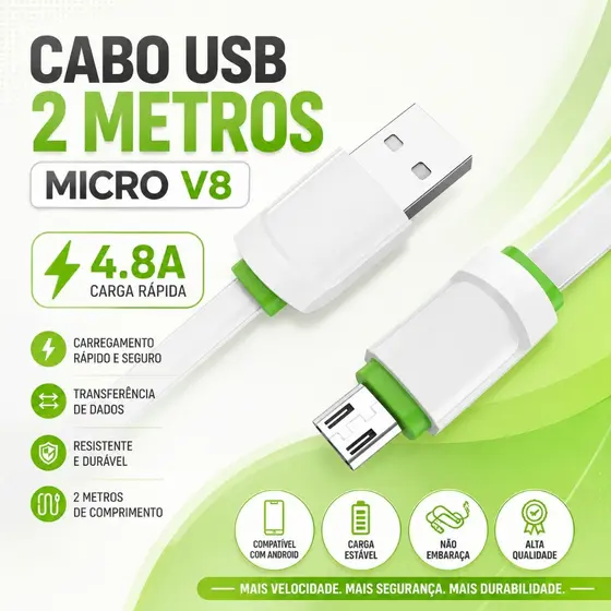 Cabo Micro USB V8 2M 4.8A Turbo Carga Rápida e Dados