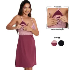 Camisola amamentação sem bojo em renda e microfibra confortável com fecho baby click