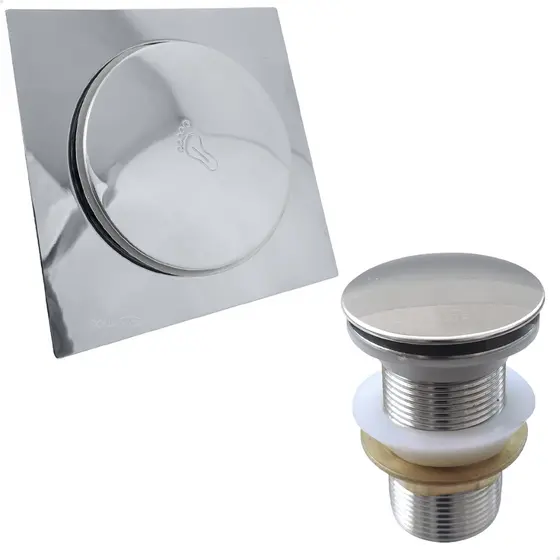 Ralo Click 15x15 Inox E Valvula Ralo De Pia 1 1/4 Kit Banheiro Brilhoso Tampa Ralo Quadrado 15cm