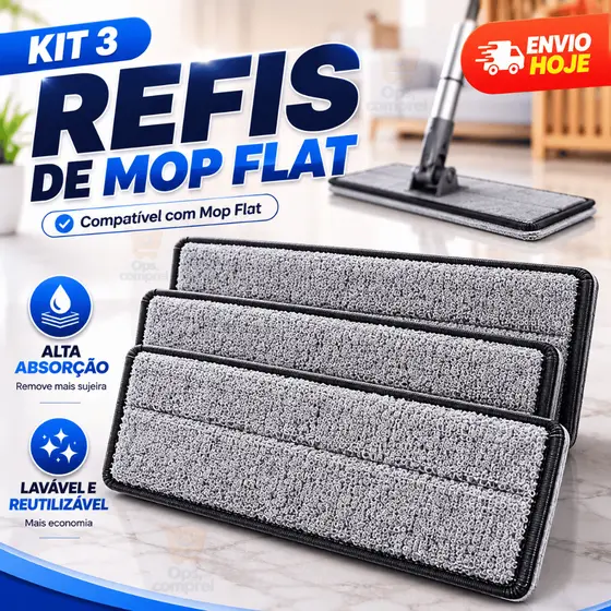 Kit 3 Refil Mop Flat Rodo de Limpeza em Microfibra Piso Casa Esfregão