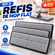 Kit 3 Refil Mop Flat Rodo de Limpeza em Microfibra Piso Casa Esfregão