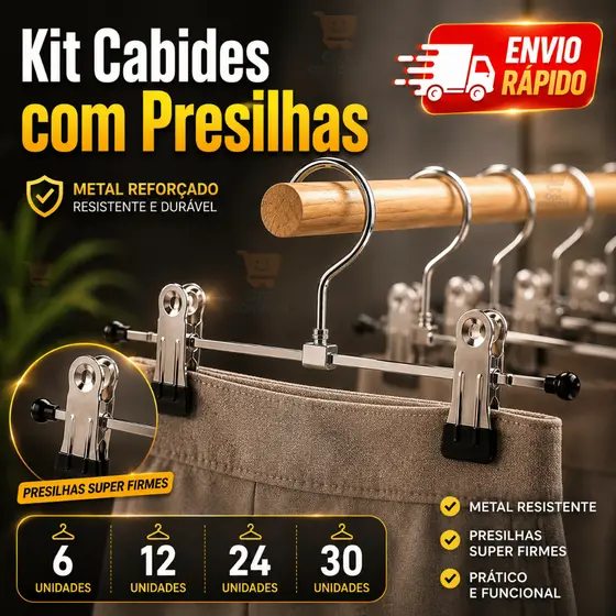 Kit Cabide Para Roupas Com Presilha Prendedor Calça Camisa Guarda Roupa Organizadores