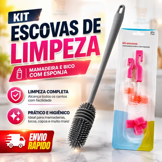 Kit Escovas de Mamadeira Bico e Silicone para Garrafa Copo Limpeza Casa