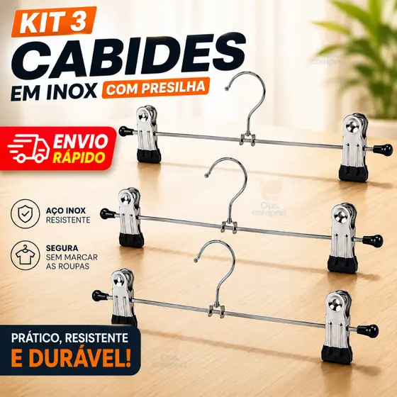 Kit 3 Cabide Para Roupas Inox com Presilha Calça Short Feminino Bermuda