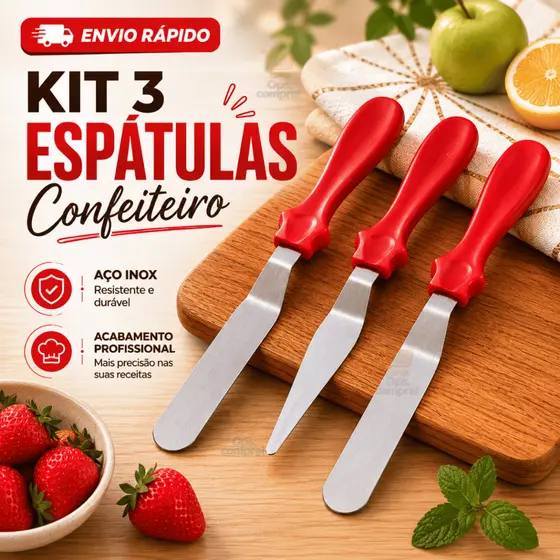 Kit 3 Espátulas Confeiteiro Para Bolos Decorados Pão Em Inox Multiuso