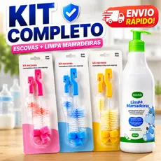 Kit Escova Mamadeira e Bico + Detergente 500 ml Lava Louça Copo Garrafa Multiuso Mãe