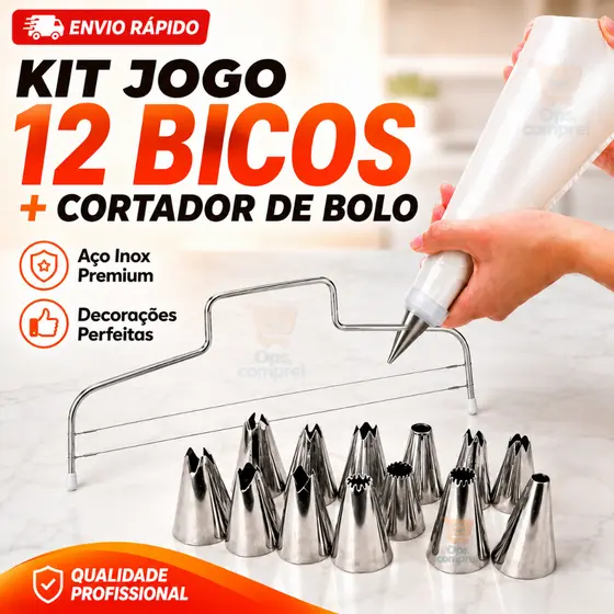 Kit Confeitaria Cortador Alinhador Bolo Aço Inox + 12 Bicos Confeitar Acoplador E Saco
