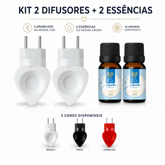 Kit 2 Difusor Elétrico Bivolt Formato de Coração + 2 Essências 10 ml - Escolha o Aroma