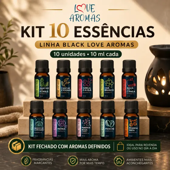 Kit 10 Essências Aromáticas 10ml Love Aromas Linha Black Para Difusor e Velas