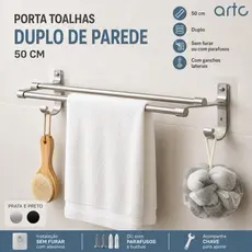 Porta Toalha Duplo Toalheiro 50cm Multiuso P/ Banheiro Com Suporte Adesivo Sem Furos