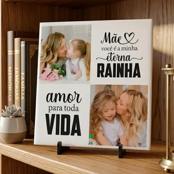 Quadro Azulejo Personalizado Dia das Mães com Caixinha e Suporte