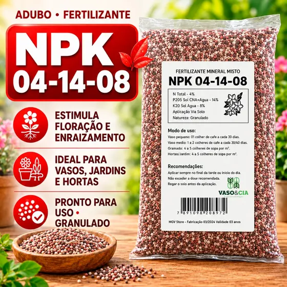Adubo Fertilizante NPK 04-14-08 para Plantio, Flores e Frutas - 500g, 1kg, 2kg, 5kg
