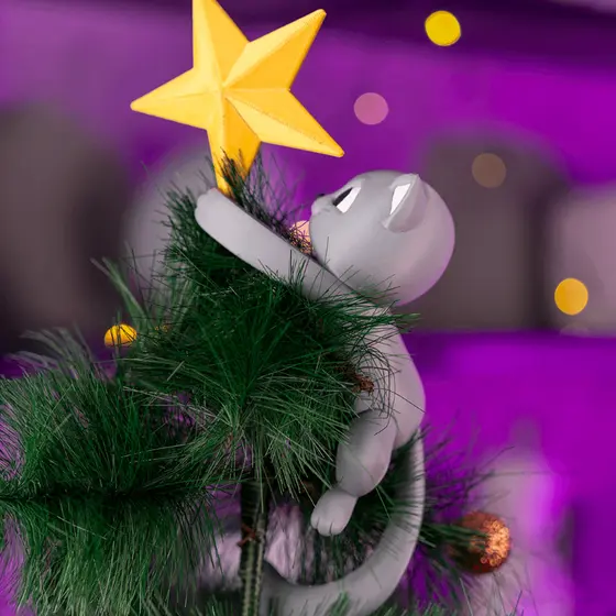 Topo de Árvore de Natal - Gato Subindo na Árvore com Estrela – Estrela Fofa de Natal