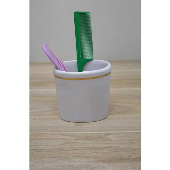 Porta Pentes de Porcelana Branco com Filete Ouro Porta Escova de dente, Porta Treco Banheiro