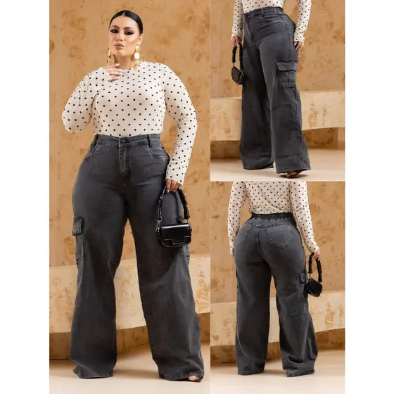 calça cargo jeans feminino wide leg plus size marmorizada cintura elástica tecido com elastano premium